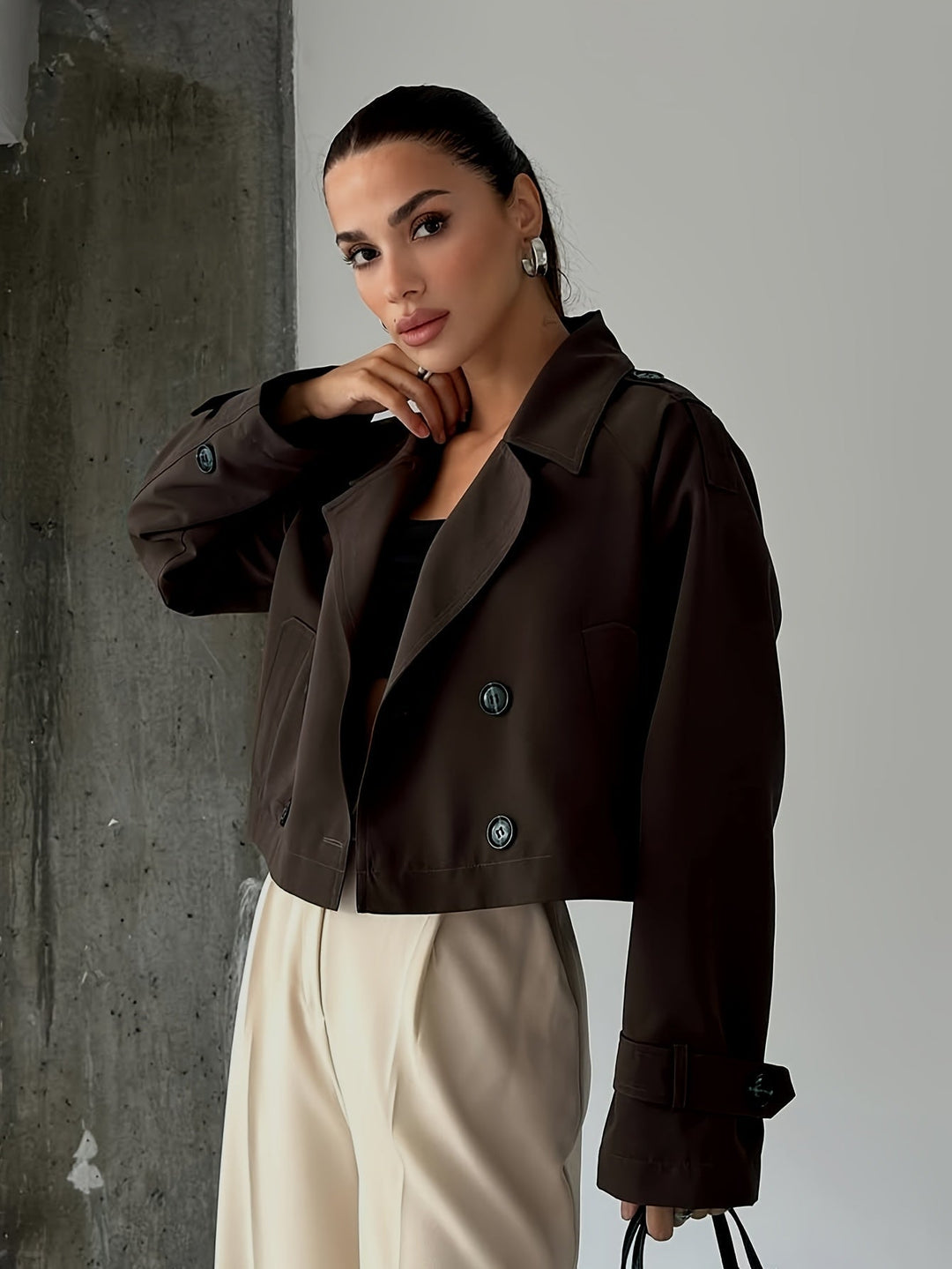 Coffee Brown Cropped Pea Coat for Women - Double Breasted Short Coat