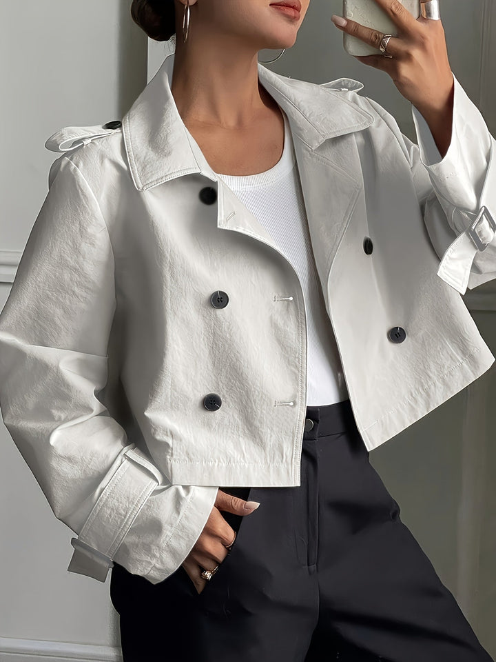 Khaki Cropped Pea Coat for Women - Double Breasted Notch Lapel Coat