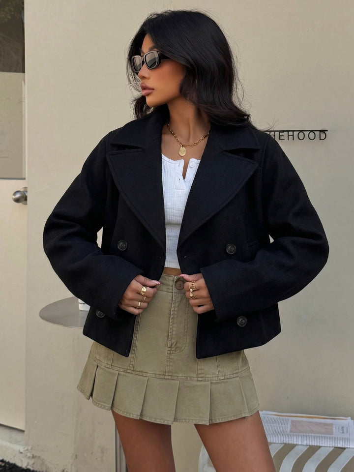 Black Cropped Pea Coat for Women - Double Breasted Wool Blend Coat
