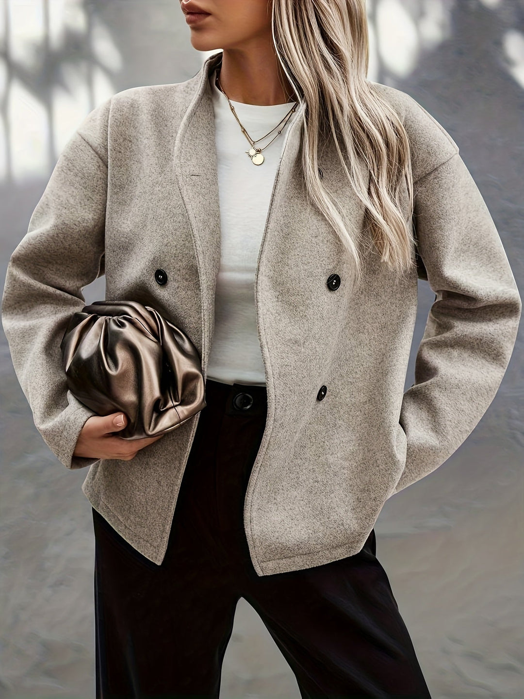 Apricot Wool Pea Coat for Women - Oversized Double Breasted Coat