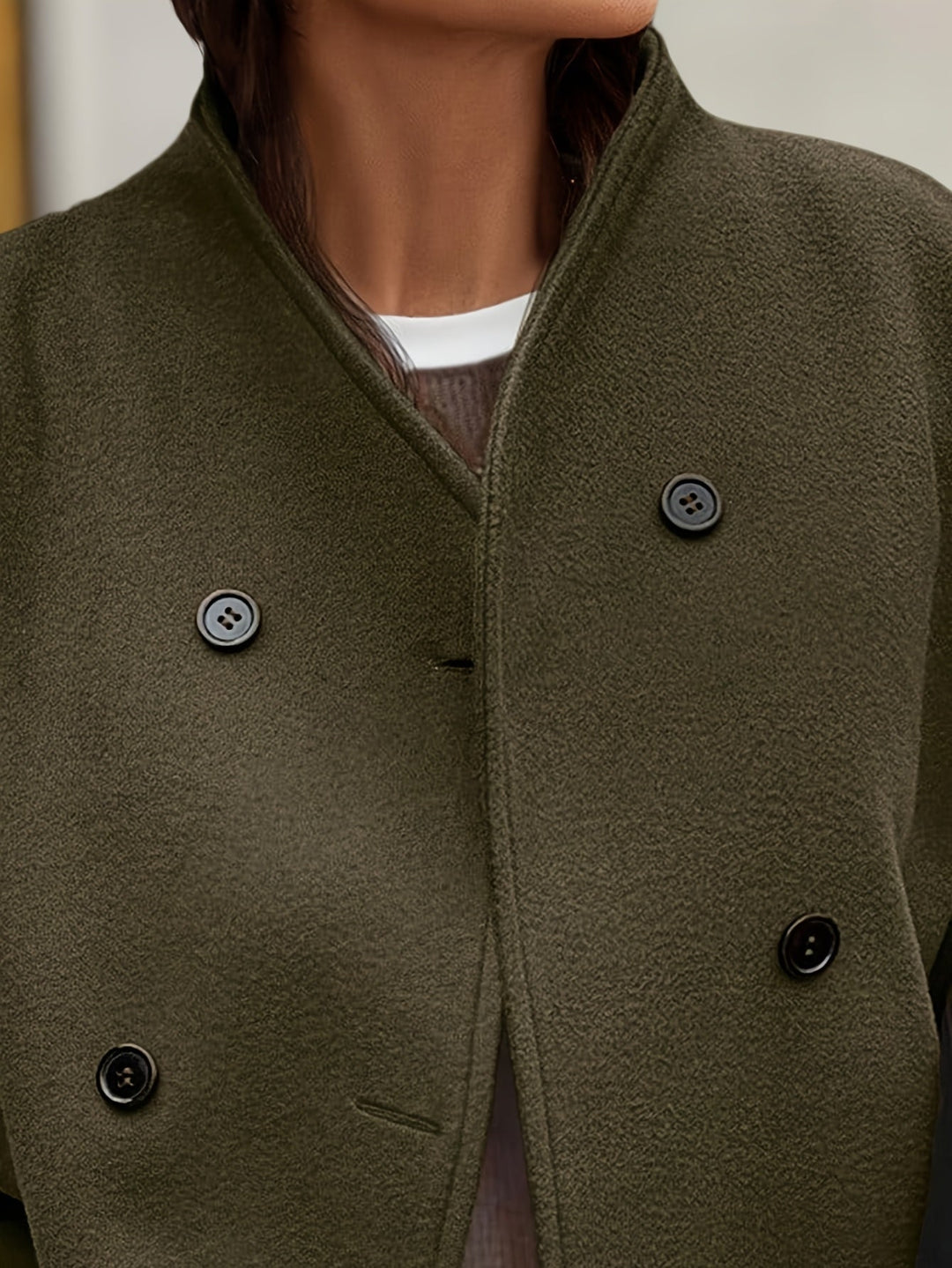 Dark Green Fleece Pea Coat for Women - Double Breasted Relaxed Coat