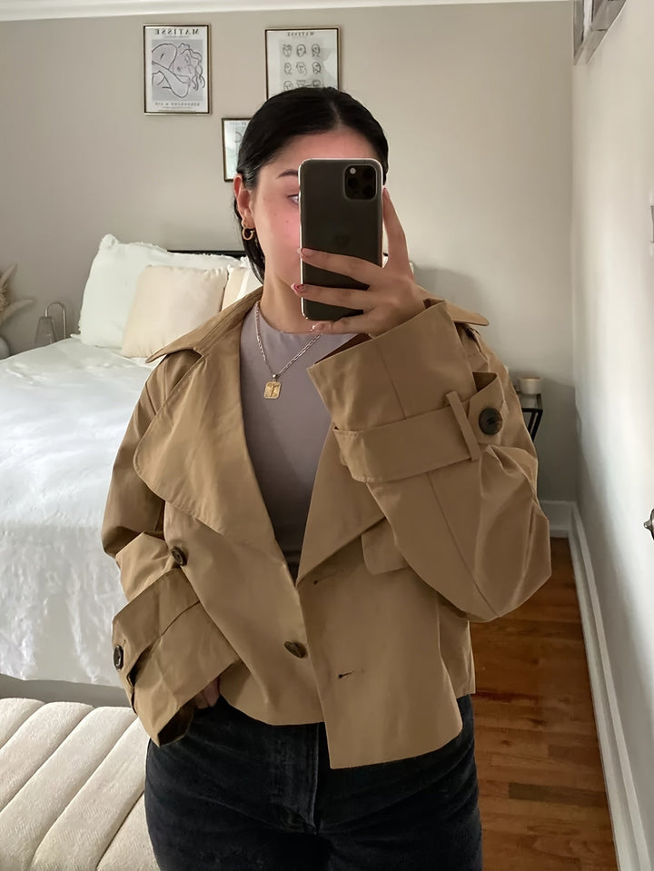 Coffee Brown Cropped Pea Coat for Women - Double Breasted Short Coat