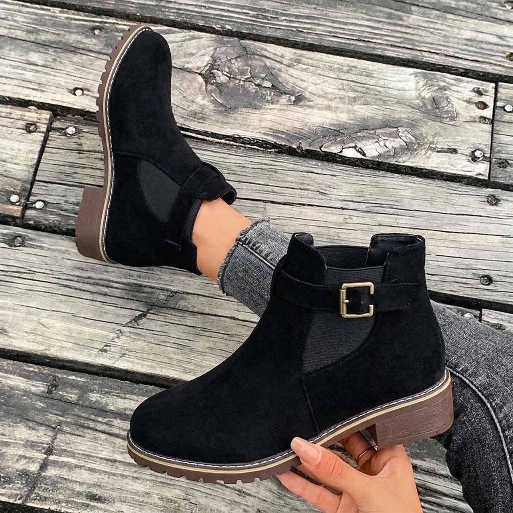 Buckle Strap Block Heel Chelsea Boots for Women - Black