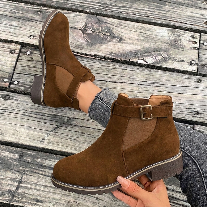 Buckle Strap Block Heel Chelsea Boots for Women - Brown