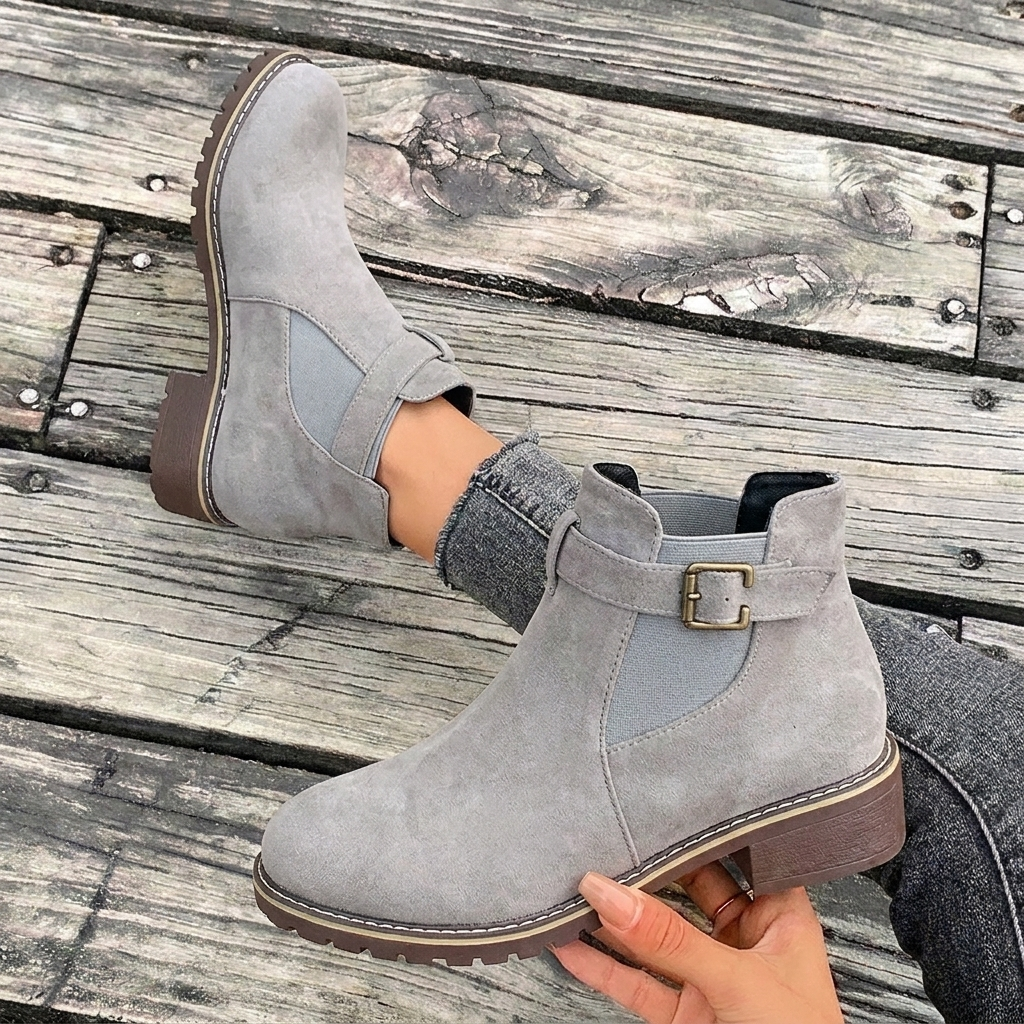 Buckle Strap Block Heel Chelsea Boots for Women - Grey