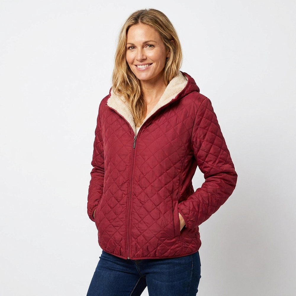 Hooded Quilted Jacket for Women - Wine Red