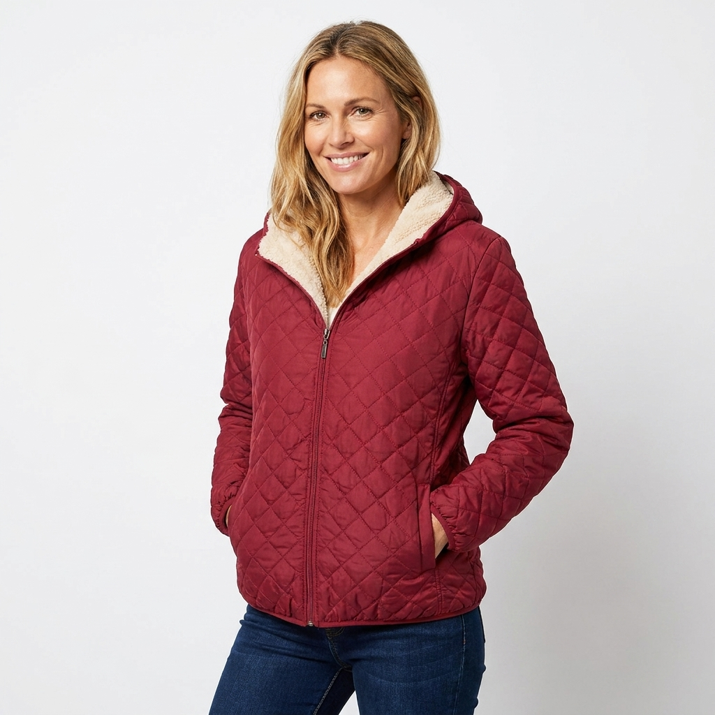 Hooded Quilted Jacket for Women - Wine Red