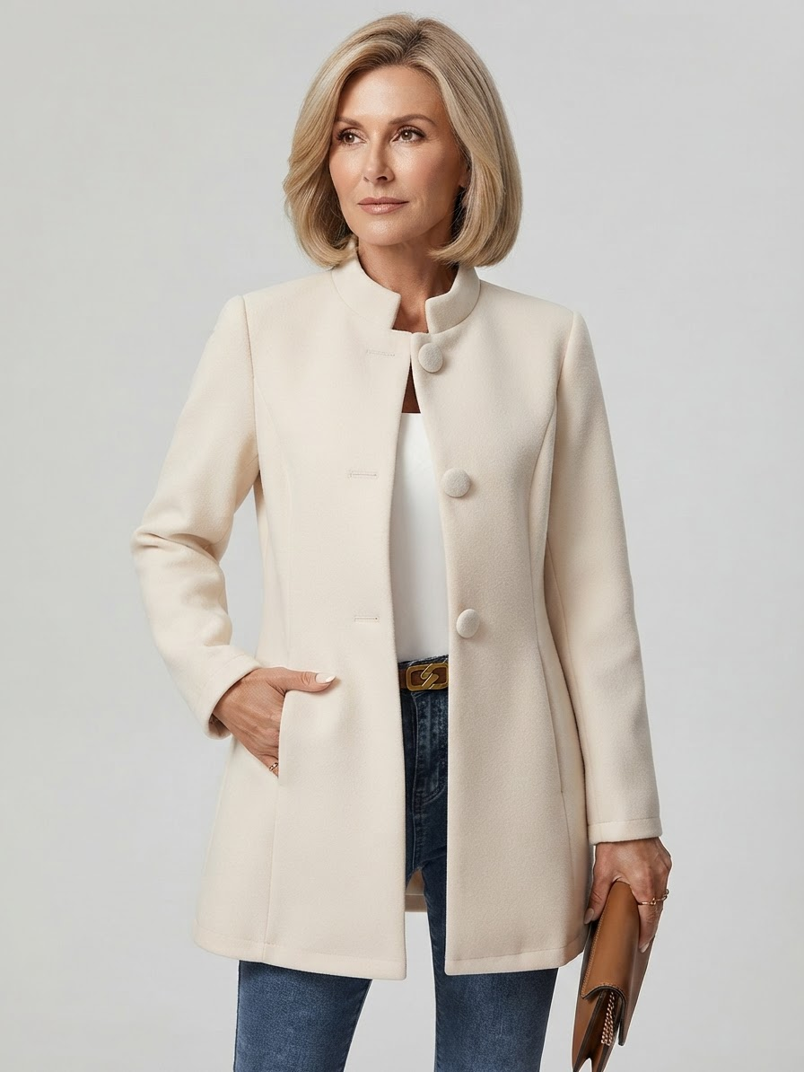 Classic Stand Collar Tailored Coat for Women - Crème