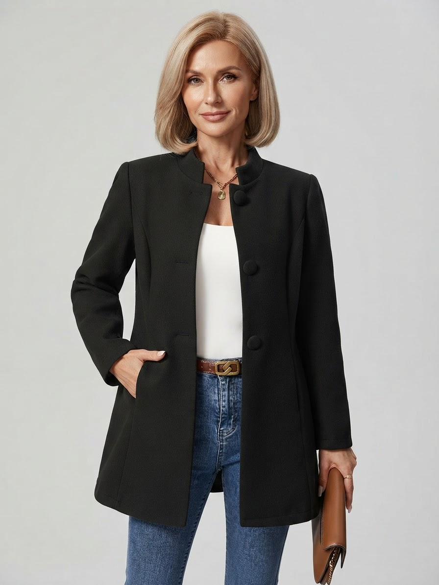 Classic Stand Collar Tailored Coat for Women - Black