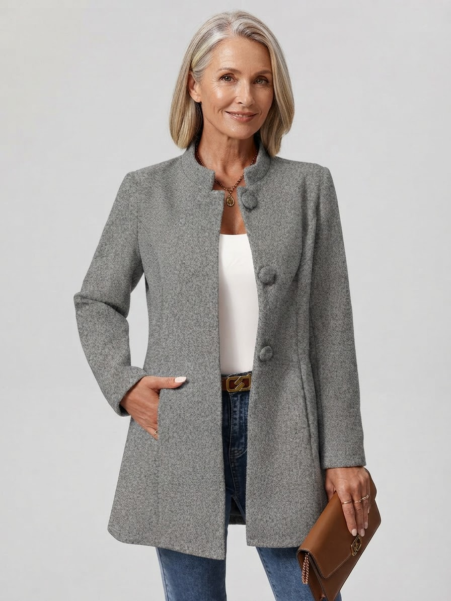 Classic Stand Collar Tailored Coat for Women - Grey