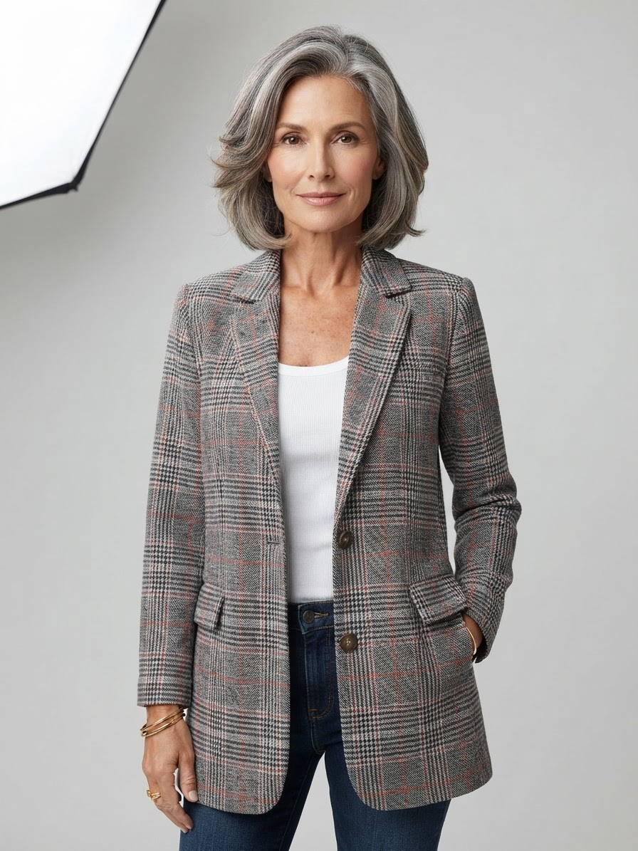 Check Pattern Blazer for Women - Brown