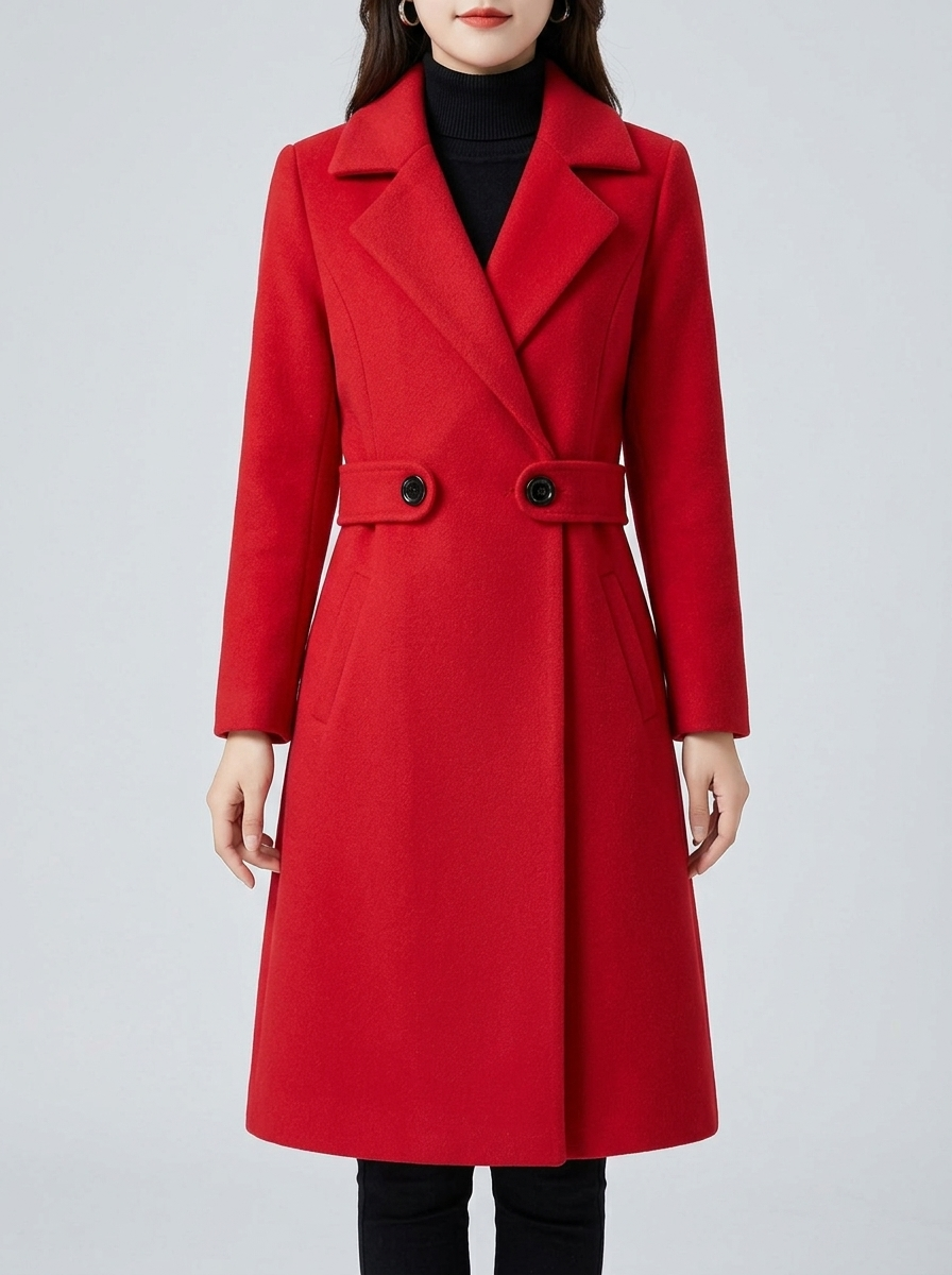 Elegant Belted Coat for Women - Red