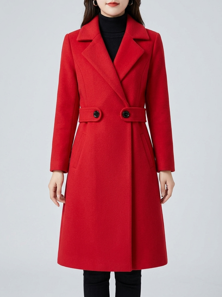 Elegant Belted Coat for Women - Red