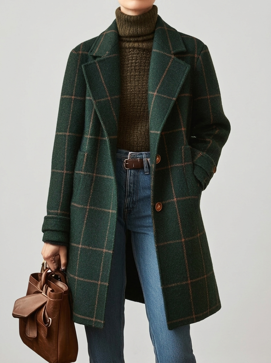 Retro Lapel Plaid Tweed Coat for Women - Dark Green