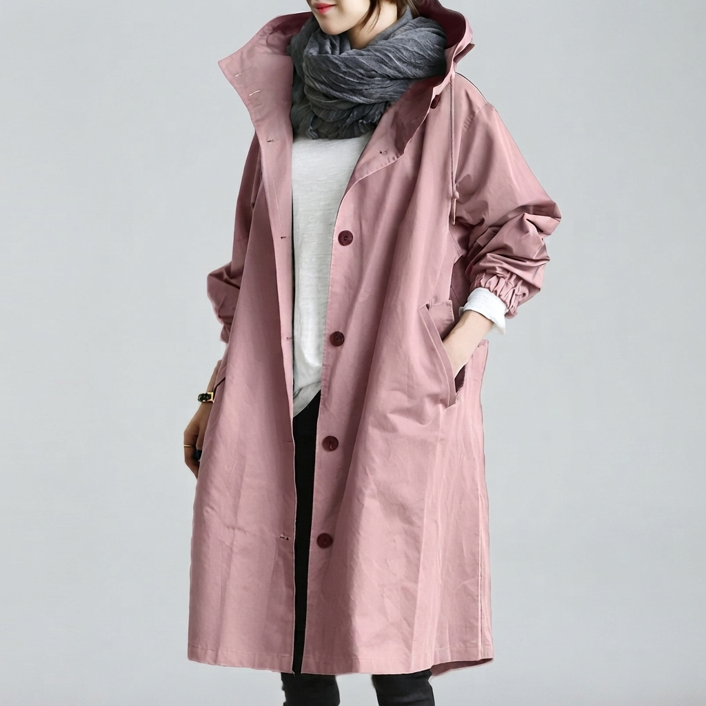 Oversized Hooded Long Coat for Women - Pink