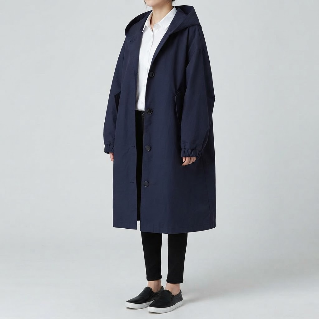 Oversized Hooded Long Coat for Women - Navy Blue