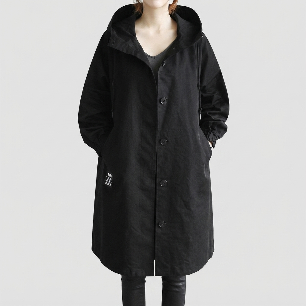 Oversized Hooded Long Coat for Women - Black