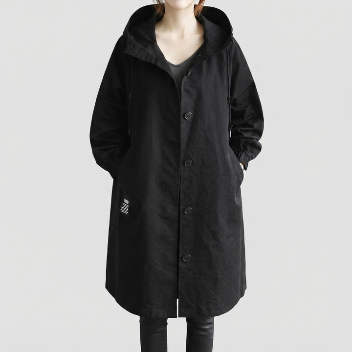 Oversized Hooded Long Coat for Women - Black