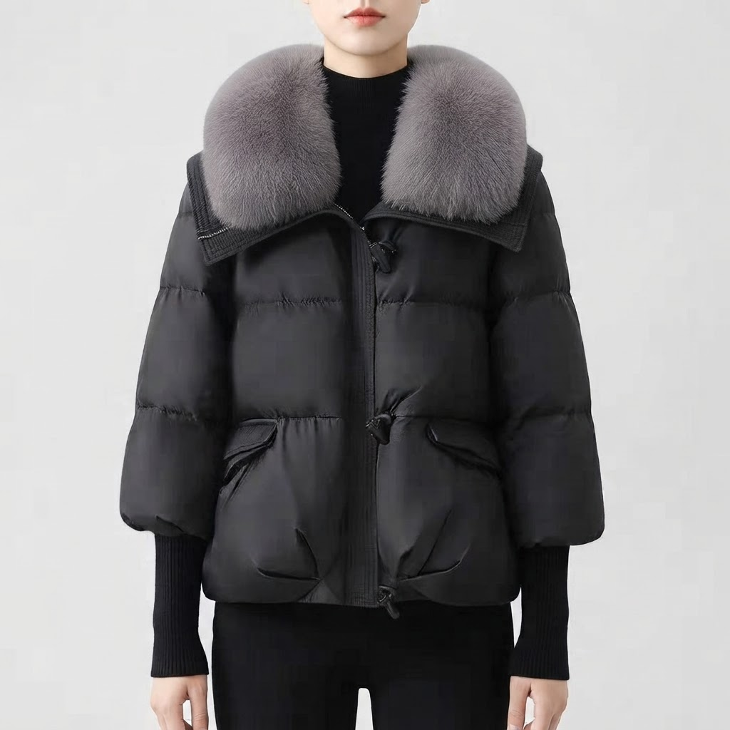 Faux Fur Collar Puffer Jacket for Women - Black