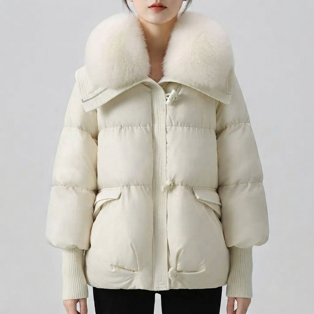 Faux Fur Collar Puffer Jacket for Women - White