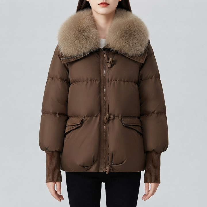 Faux Fur Collar Puffer Jacket for Women - Brown