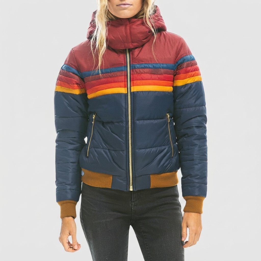 Retro Stripe Padded Jacket for Women - Dark Blue