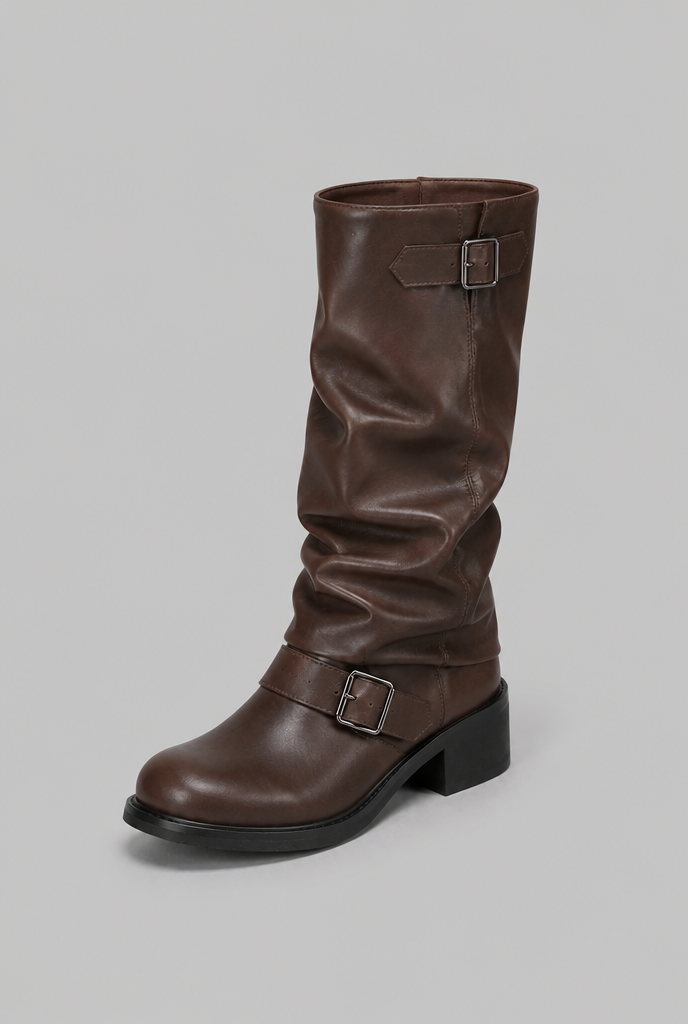 Women's buckled knee-high slouch boots with a low heel - view 1