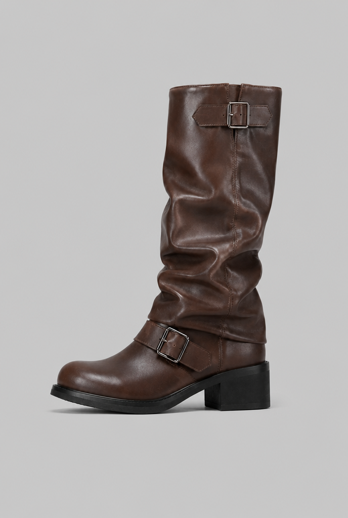 Women's buckled knee-high slouch boots with a low heel - view 4