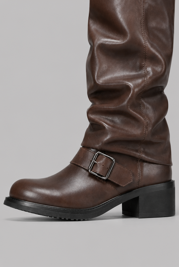 Women's buckled knee-high slouch boots with a low heel - view 2