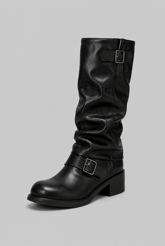 Women's buckled knee-high slouch boots with a low heel - view 6