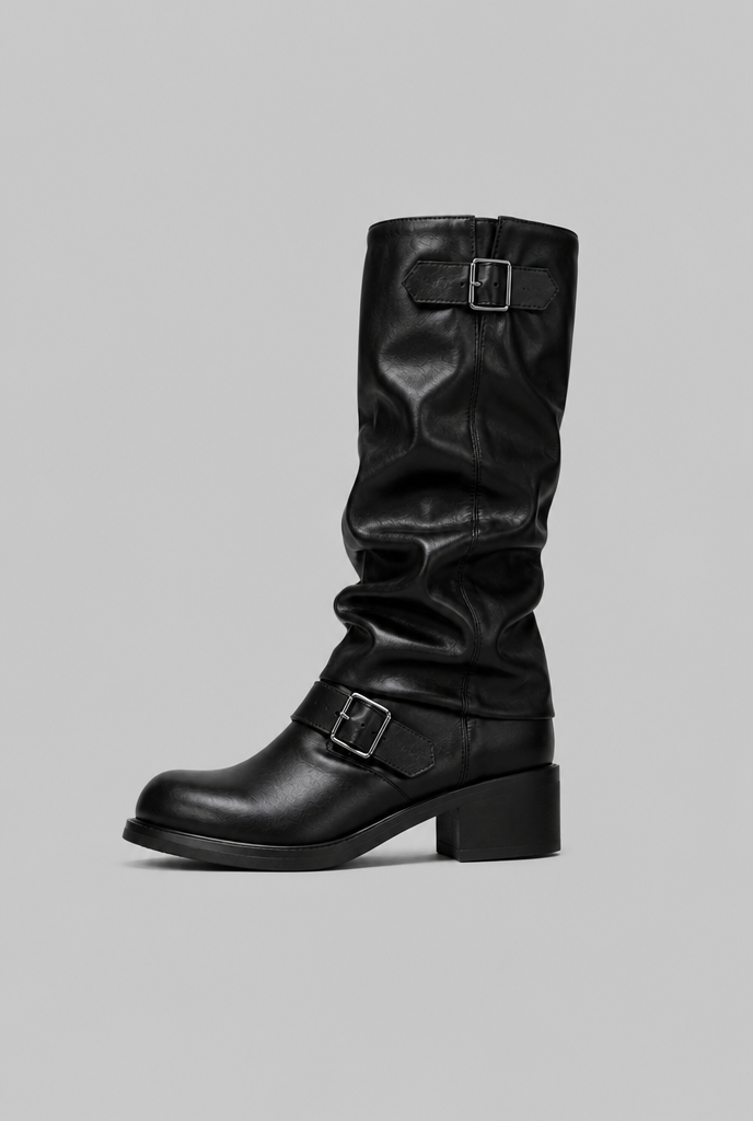 Women's buckled knee-high slouch boots with a low heel - view 9