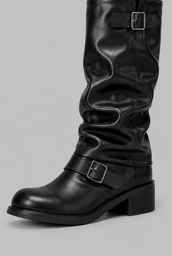 Women's buckled knee-high slouch boots with a low heel - view 7
