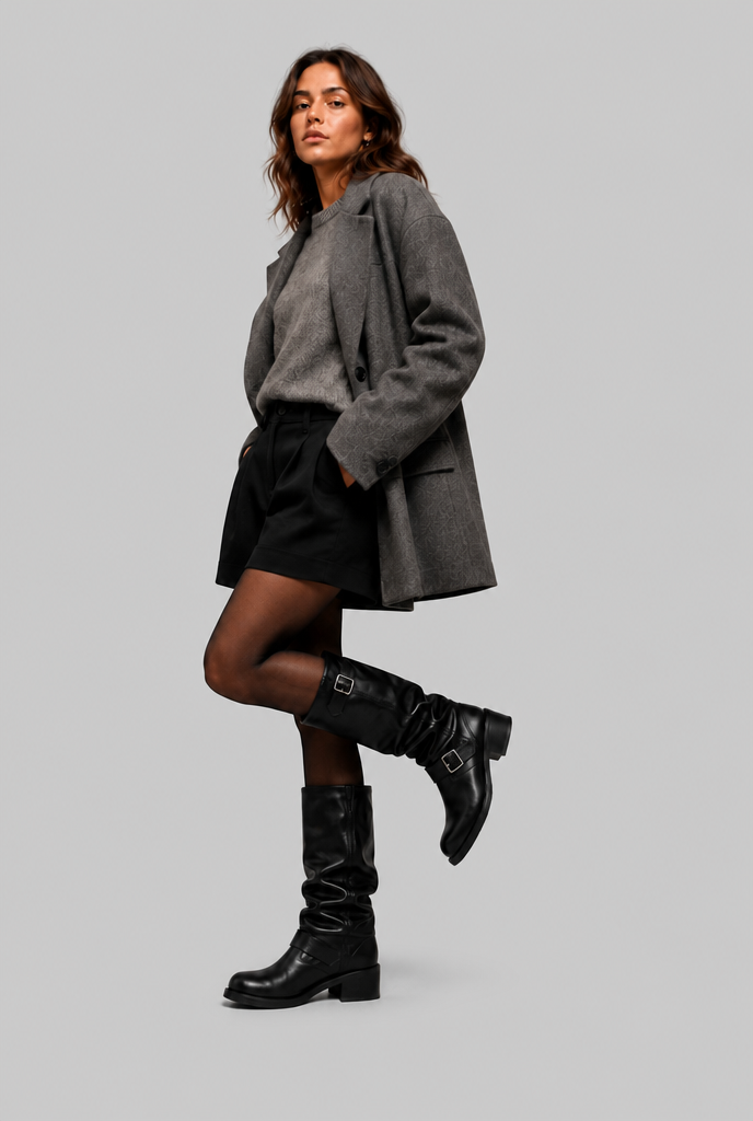 Women's buckled knee-high slouch boots with a low heel - view 10