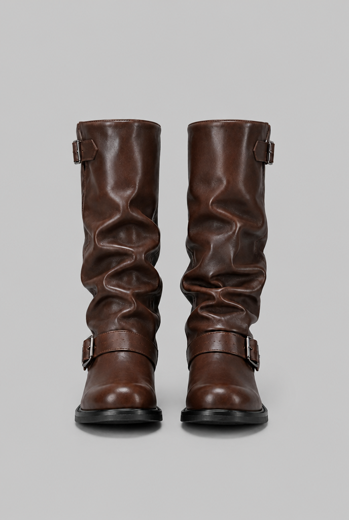 Women's buckled knee-high slouch boots with a low heel - view 3