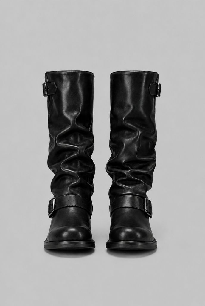 Women's buckled knee-high slouch boots with a low heel - view 8