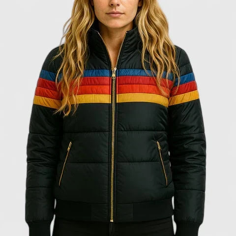 Retro Stripe Padded Puffer Jacket for Women - Insulated Winter Coat