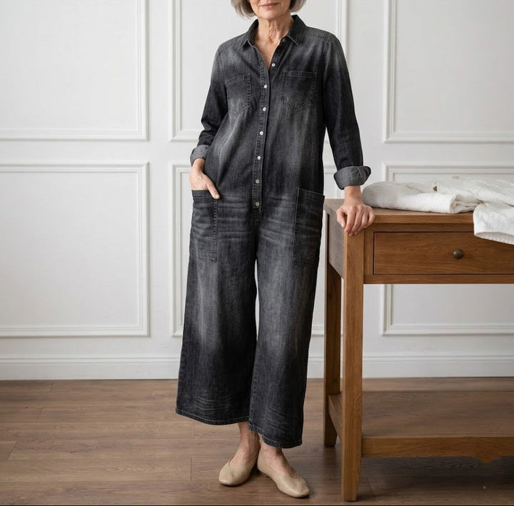 Ariana - Vintage Washed Soft Cotton Denim Jumpsuit with Button Closure