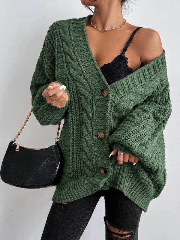 Cable Knit Oversized Cardigan for Women Button Front Balloon Sleeve