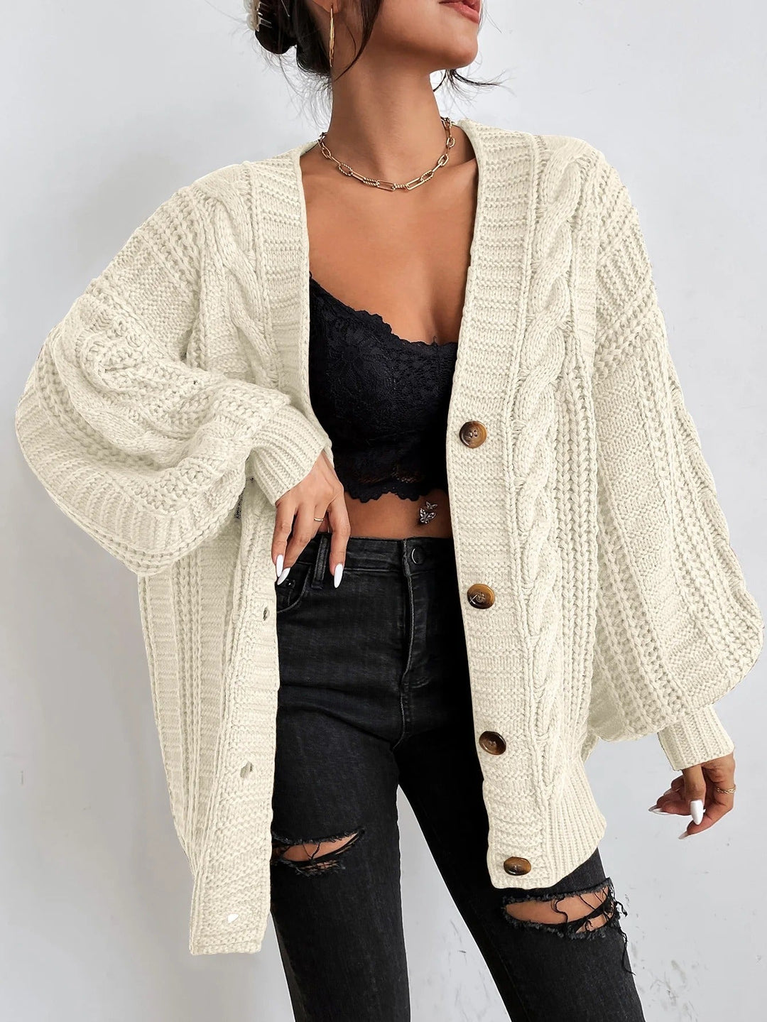 Cable Knit Oversized Cardigan for Women Button Front Balloon Sleeve