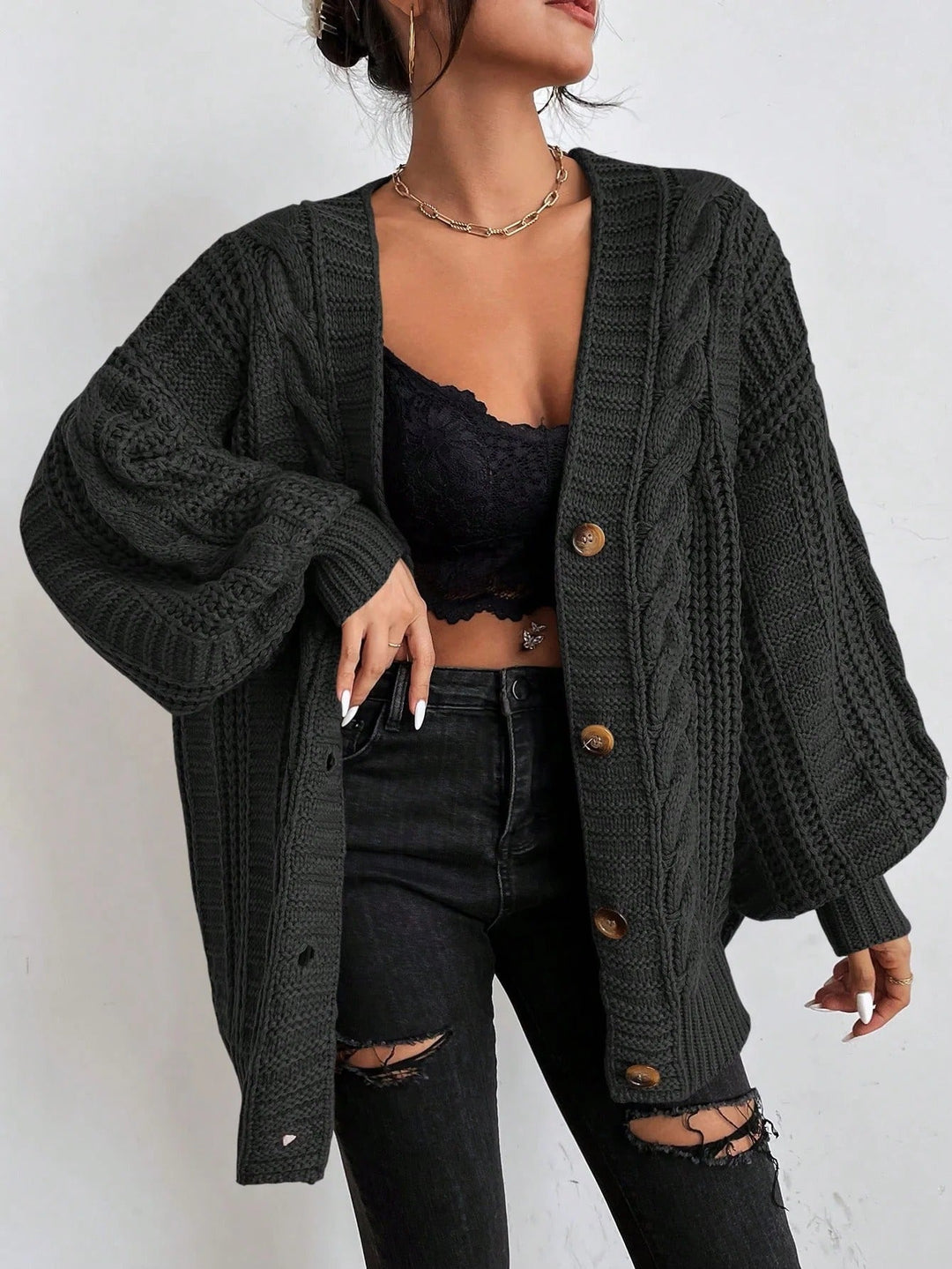 Cable Knit Oversized Cardigan for Women Button Front Balloon Sleeve