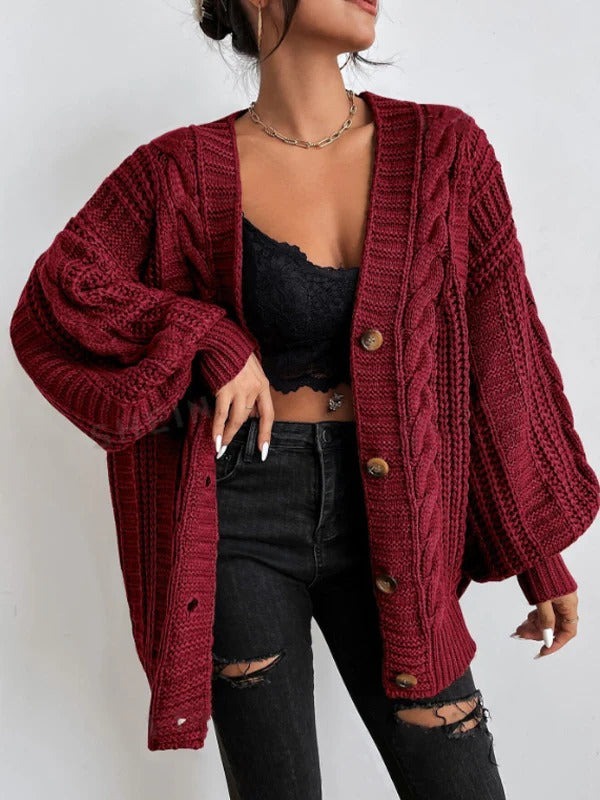 Cable Knit Oversized Cardigan for Women Button Front Balloon Sleeve