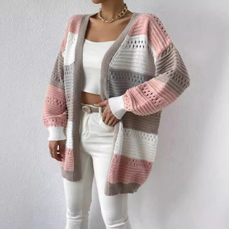 Colour Block Knit Cardigan for Women Open Front Longline