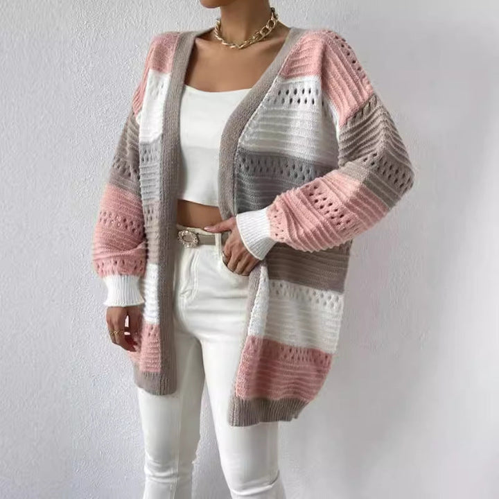 Colour Block Knit Cardigan for Women Open Front Longline