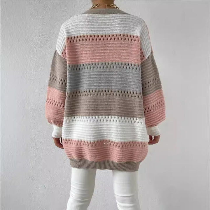 Colour Block Knit Cardigan for Women Open Front Longline