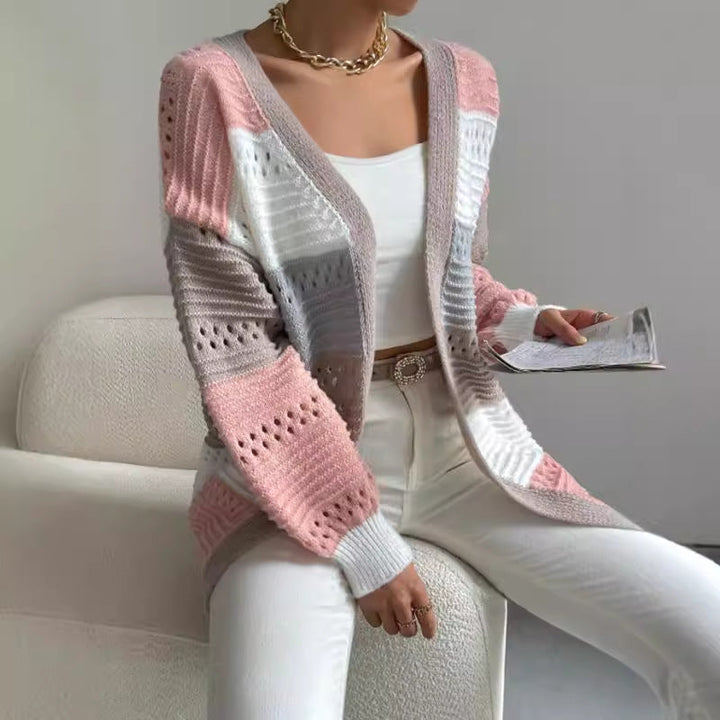 Colour Block Knit Cardigan for Women Open Front Longline