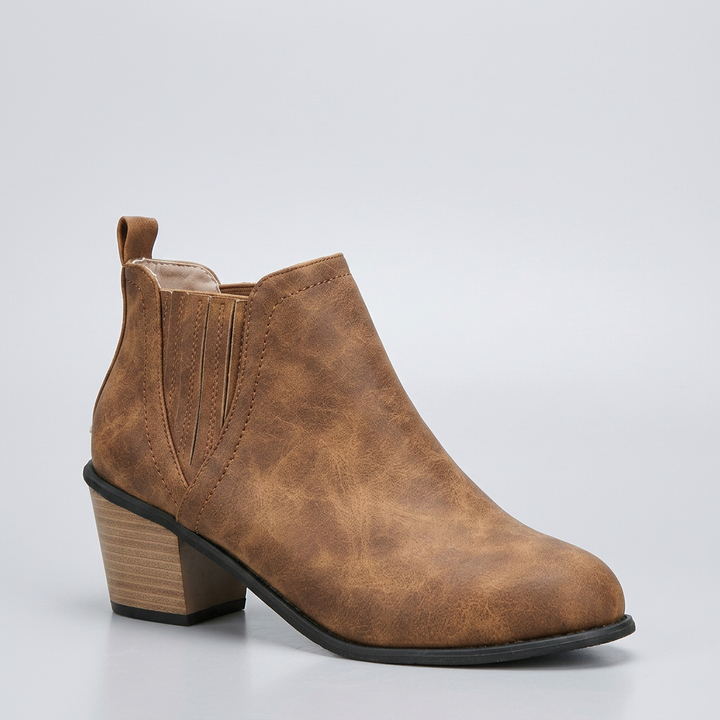 Stacked Heel Western Ankle Boots for Women - Brown
