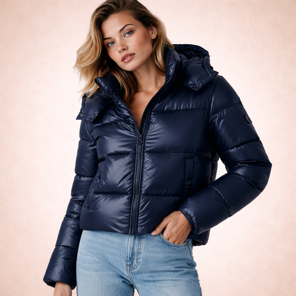 Glossy Cropped Hooded Puffer Jacket for Women - Navy Blue