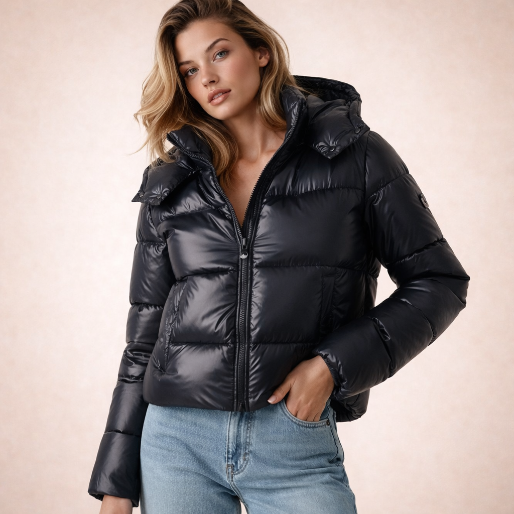 Glossy Cropped Hooded Puffer Jacket for Women - Black