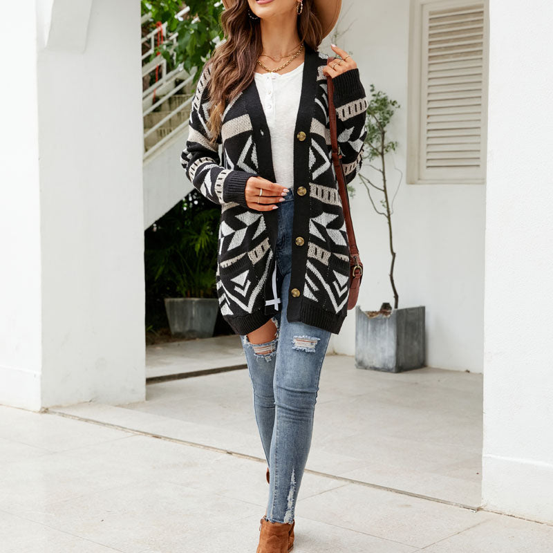 Patterned Longline Knit Cardigan for Women Button Front Pockets