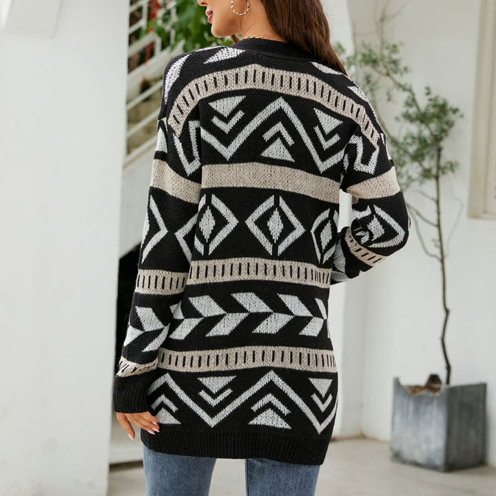 Patterned Longline Knit Cardigan for Women Button Front Pockets